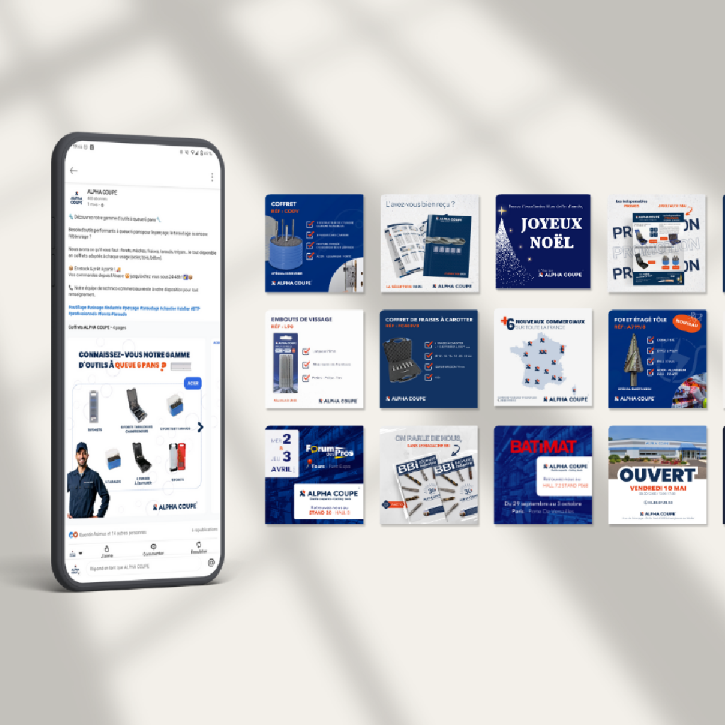 Mockup de téléphone présentant plusieurs posts LinkedIn conçus dans le cadre d’une stratégie de communication digitale